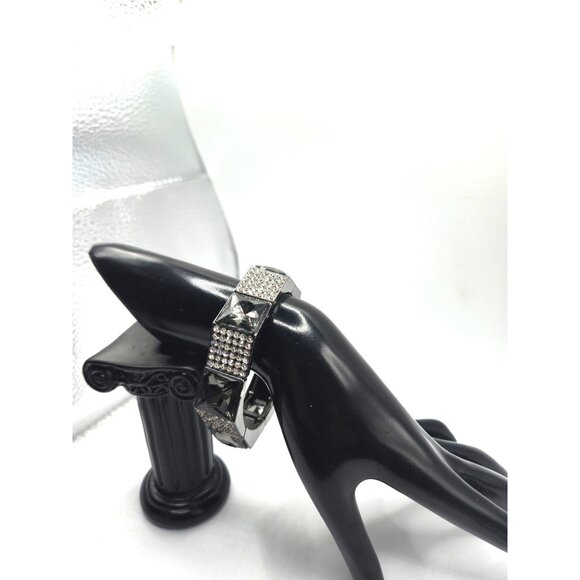 Gunmetal Stretch Bracelet Smoky Crystal Rhinestone Panels Statement Jewelry - Picture 3 of 3